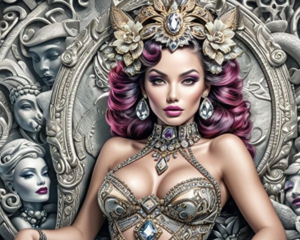 Intricate Figure in Shimmering Attire with Sculpted Relief