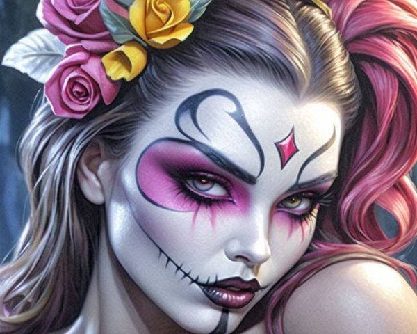 Striking Woman with Sugar Skull Makeup and Roses