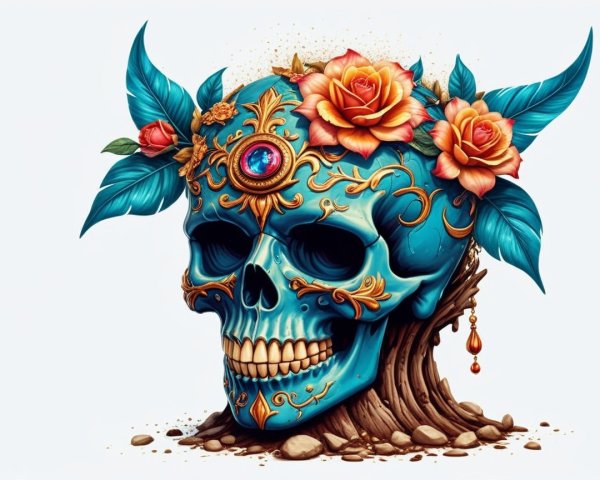 Vibrant Blue Skull with Gold Patterns and Roses