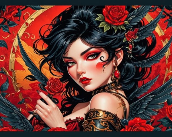 Gothic Artwork of a Woman with Roses and Wings
