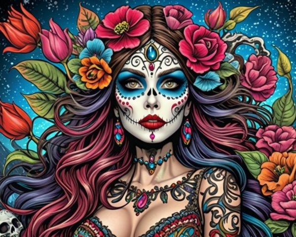 Day of the Dead Woman with Sugar Skull Face and Flowers