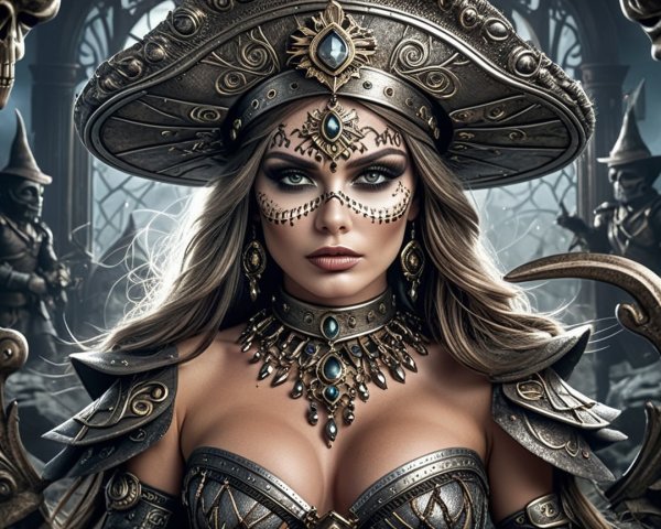Fierce Warrior Queen in Ornate Armor and Gothic Setting