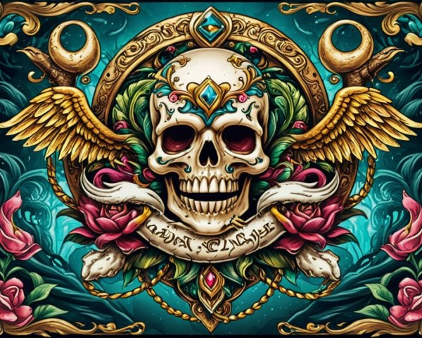 Stylized skull with golden wings and floral patterns