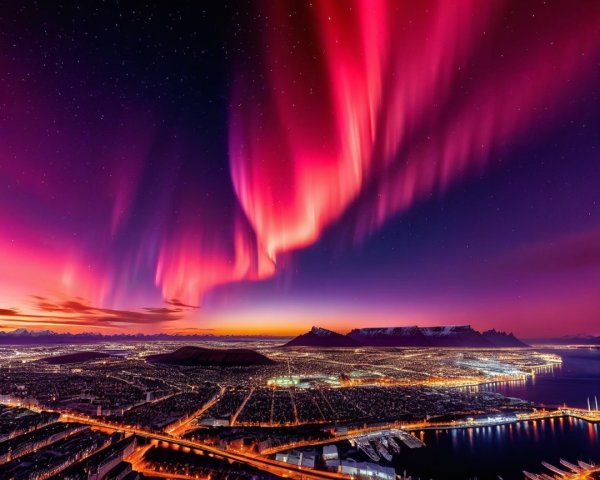 Northern Lights Over Cityscape and Mountains