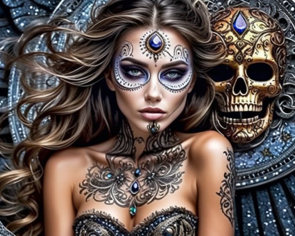 Striking Woman with Intricate Makeup and Body Art