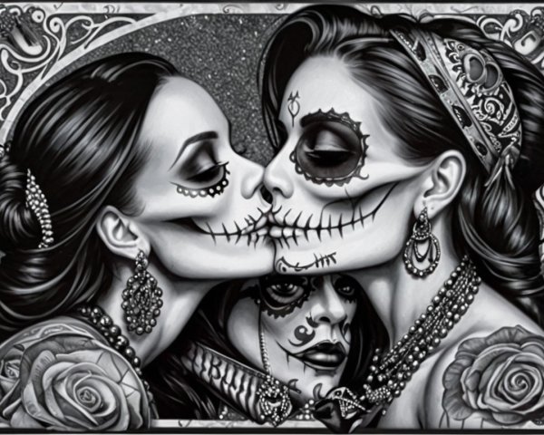 Elegant Figures with Day of the Dead Makeup and Tattoos