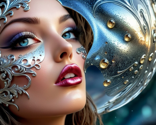 Close-Up of Woman with Blue Eyes and Silver Mask