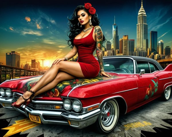 Woman in Red Dress Poses on Classic Car at Sunset
