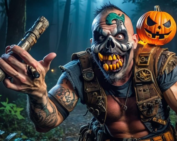 Muscular Figure in Skull Mask and Tactical Gear