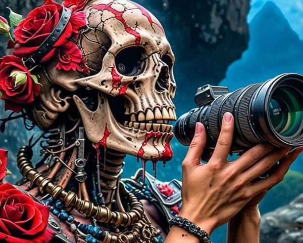 Skeletal Figure with Roses in Dramatic Landscape