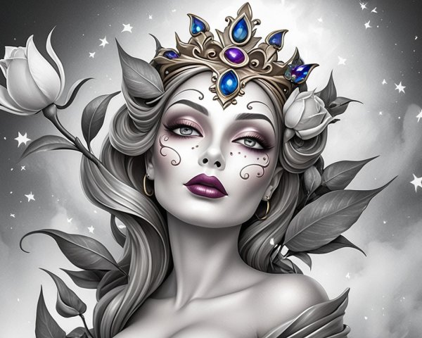 Regal Woman with Silver Hair and Celestial Theme
