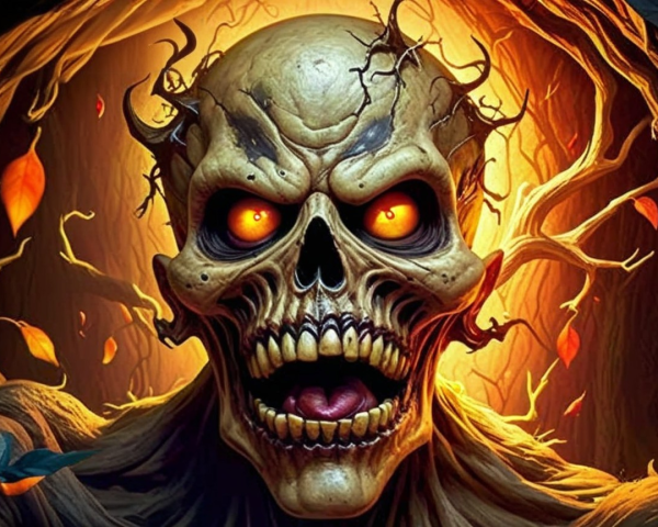 Menacing skull with glowing eyes and eerie backdrop