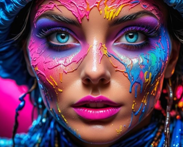 Portrait of a woman with vibrant face paint and blue eyes