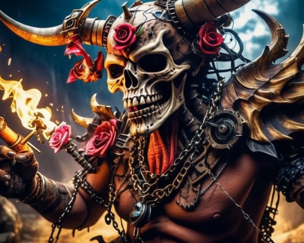 Skeletal Figure in Ornate Armor with Torch and Roses