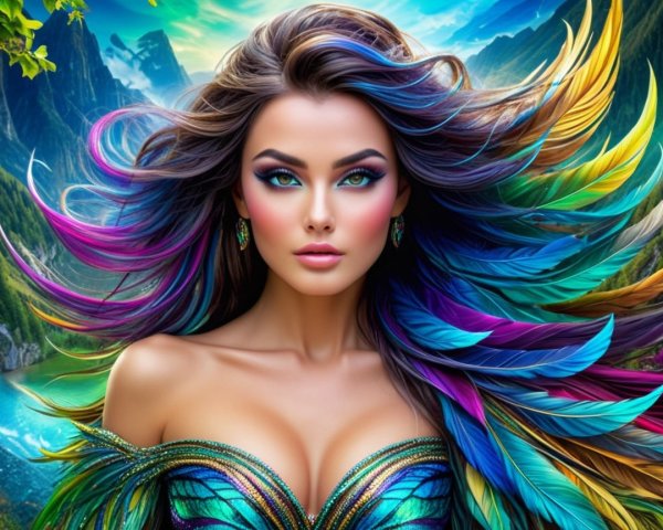 Vibrant Feather-Inspired Ensemble Against Scenic Landscape