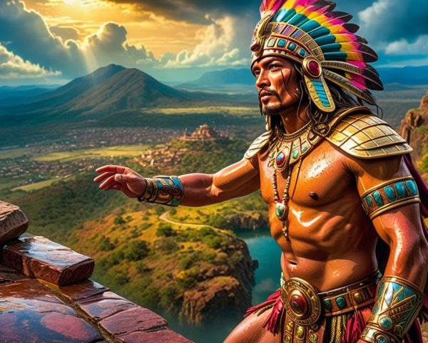 Muscular Warrior in Vibrant Armor Overlooking Valley