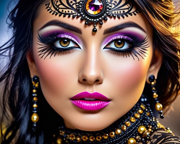 Close-Up of a Woman in Bold Makeup and Glamorous Attire