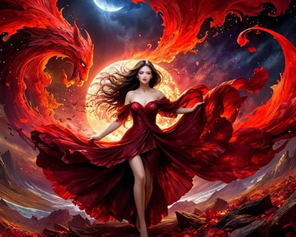 Woman in Red Gown with Dragon and Fiery Landscape