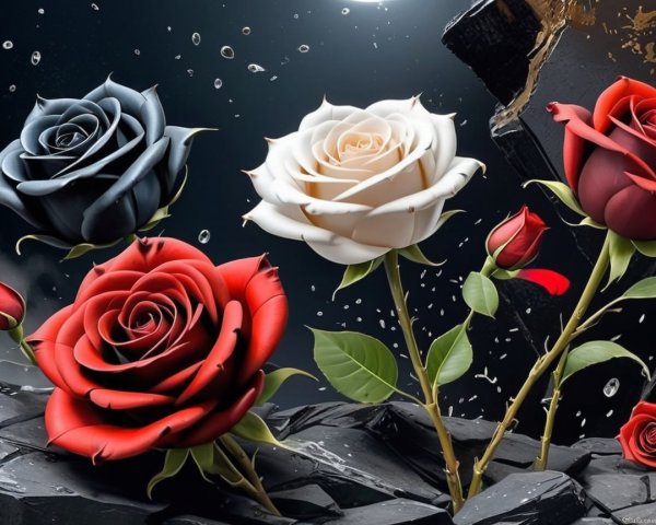 Elegant Roses on Cracked Surface with Water Droplets