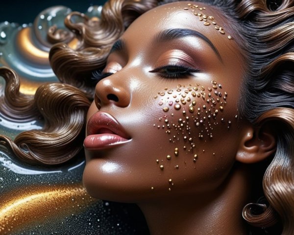 Close-Up of Woman with Glossy Curls and Radiant Skin