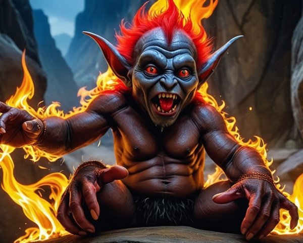 Fantasy Creature with Fiery Hair Amidst Flames