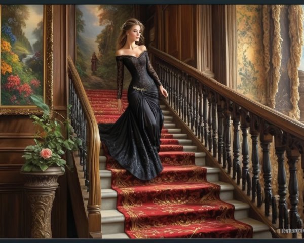 Elegant Woman Descending Grand Staircase with Red Carpet