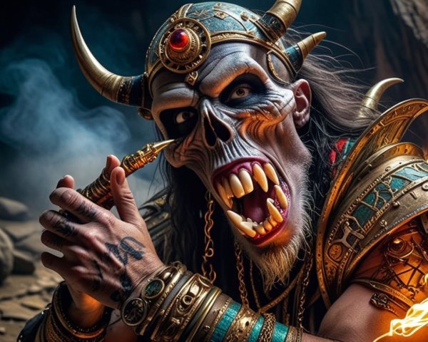 Fierce Character in Ancient Armor with Dramatic Lighting