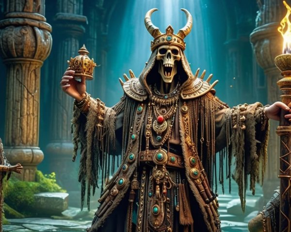 Skeletal Figure in Ancient Robes in Mystical Temple