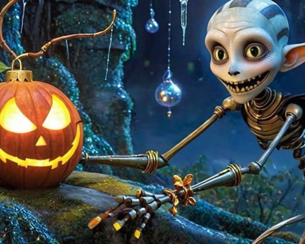 Whimsical Skeleton Carving a Glowing Jack-o'-Lantern