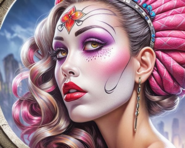 Glamorous Woman with Bold Makeup and Fantasy Cityscape
