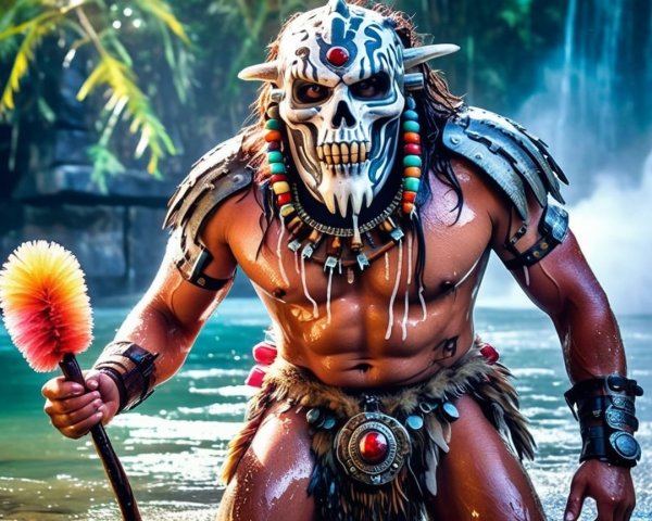 Muscular Warrior in Tropical Setting with Tribal Armor