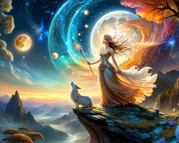 Mystical Landscape with Celestial Galaxies and Moons