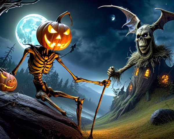 Skeletal Figure and Pumpkin in Spooky Landscape