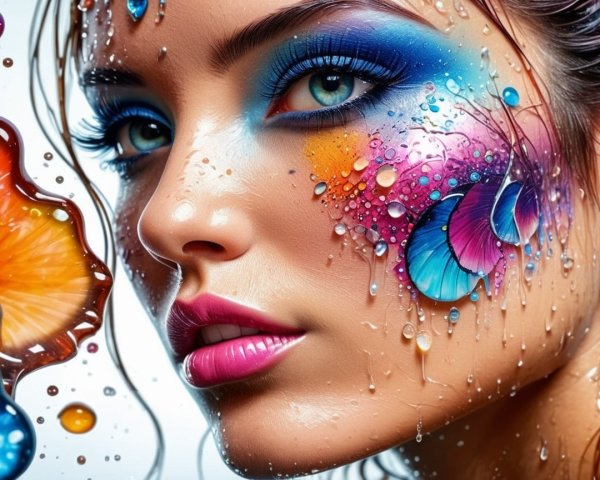 Vibrant Artistic Makeup on Woman's Face Close-Up