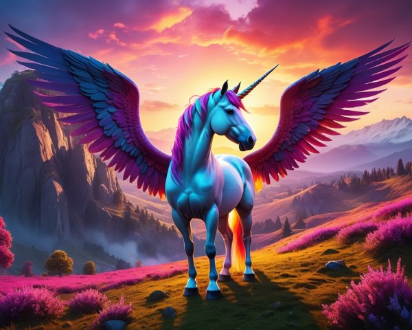 Unicorn in Vibrant Landscape with Sunset and Mountains