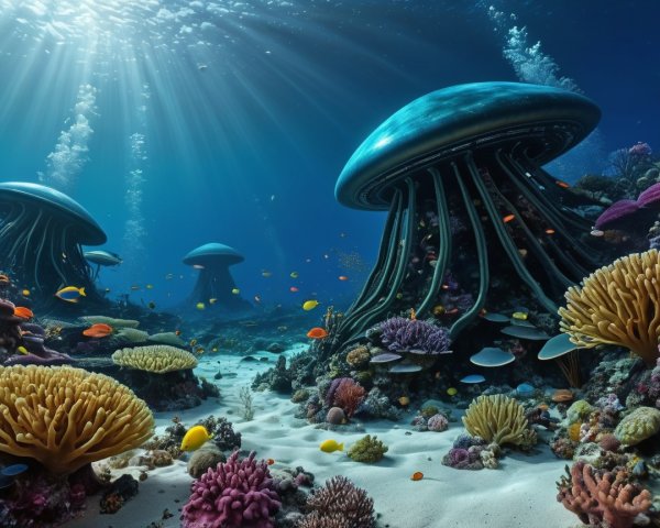 Underwater Scene with Jellyfish and Coral Reefs