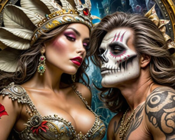 Fantasy Scene with Tribal Attire and Dramatic Lighting