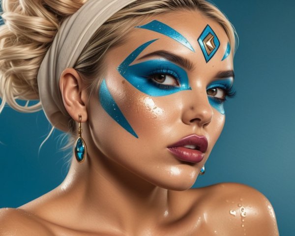 Portrait of a woman with blue face paint and elegant style