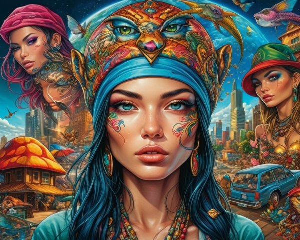 Vibrant Portrait of a Woman with Fantastical Elements
