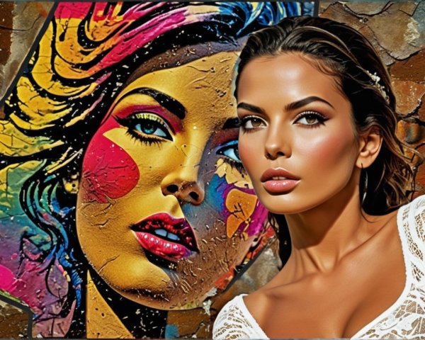 Vibrant Mural of a Woman Against a Stone Wall