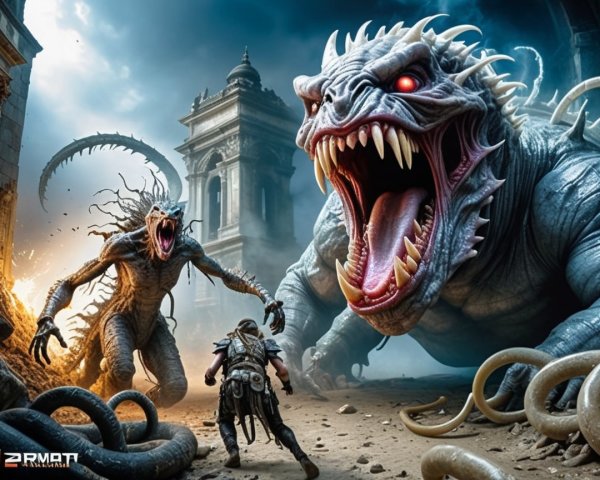 Warrior Confronts Serpentine Monster and Dragon in Ruins