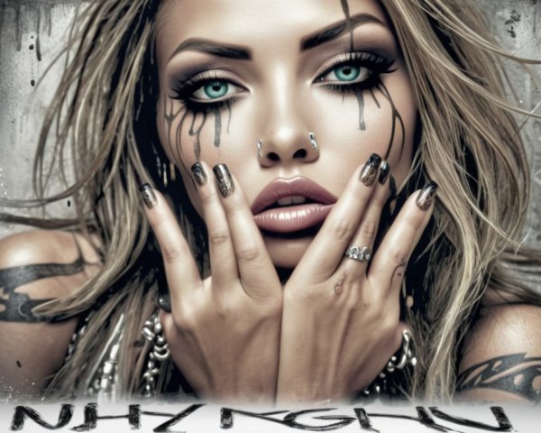 Striking Woman with Teal Eyes and Dramatic Makeup