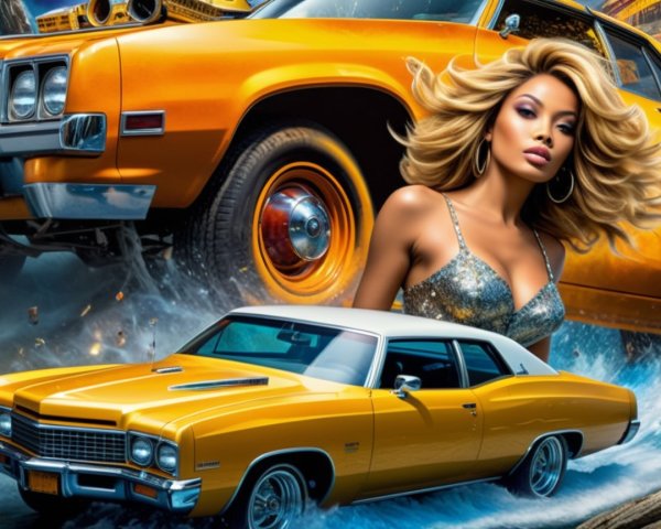 Vibrant Collage of Classic Yellow Cars and Glamour