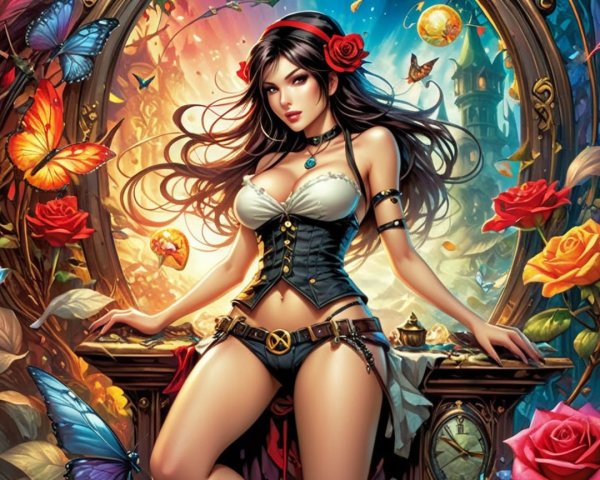 Fantasy Scene with Woman, Roses, and Magical Landscape