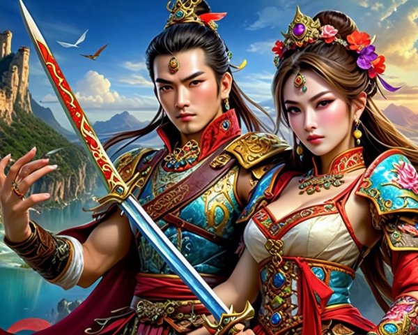 Heroic Figures in Armor Against Lush Landscape