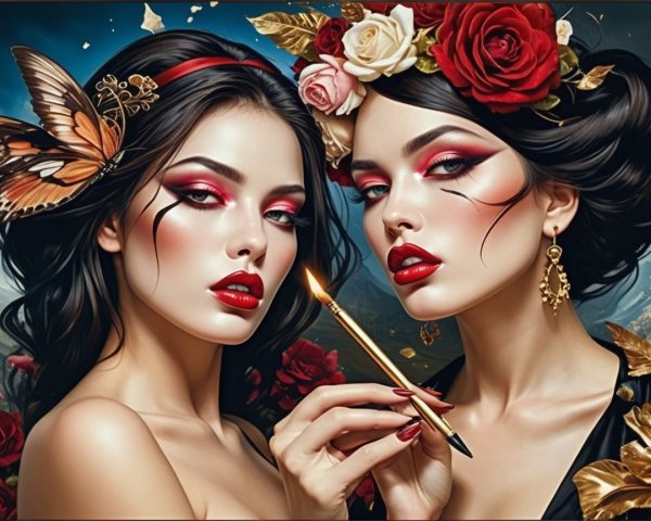 Two Women with Dramatic Makeup and Floral Elements