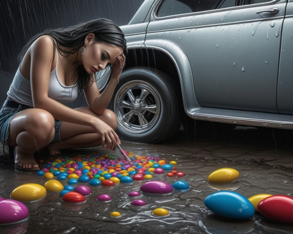 Woman arranging colorful eggs by a vintage car in rain