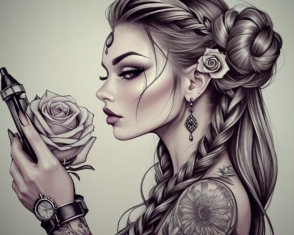 Striking Woman with Braids and Floral Hair Motif