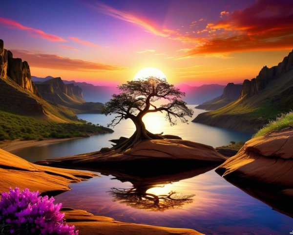 Serene Sunset Landscape with Lone Tree and River