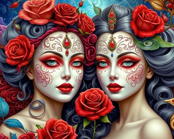 Women with Intricate Makeup and Red Roses in Background
